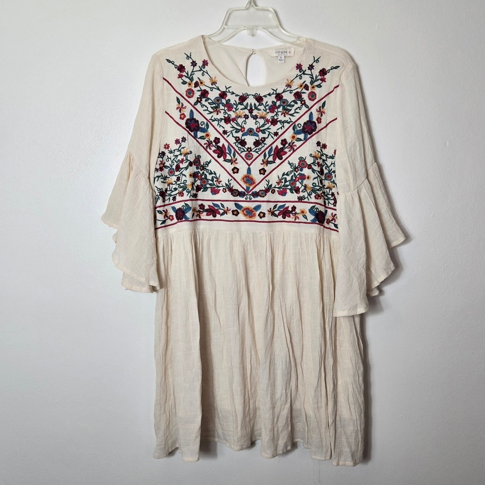 Umgee USA Women XL Cream Floral Embroidered Babydoll Tunic Dress Bell Sleeve‎